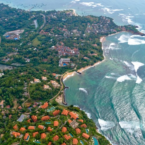 Aerial of seaside fishermen village in Sri lanka