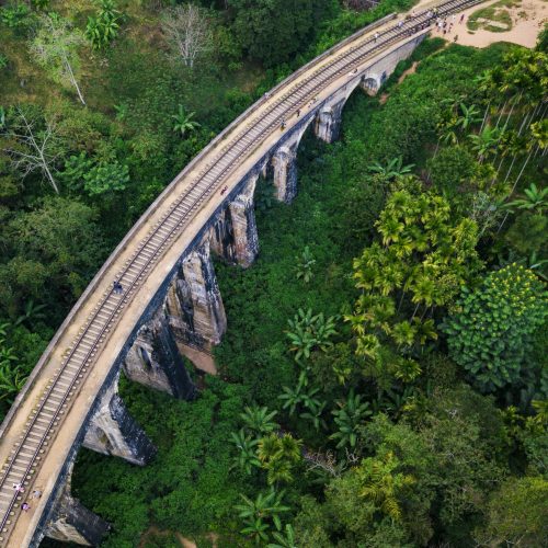 Aerial view of Nine Arches Bridge in Ella, Sri Lanka. Drone photo